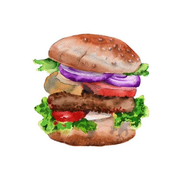Velký hamburger s kotletku. izolované na bílém pozadí. akvarel, ilustrace. — Stock fotografie