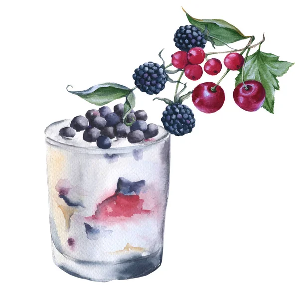 Bir bardak çilek ile yoğurt. Beyaz arka plan üzerinde izole. 