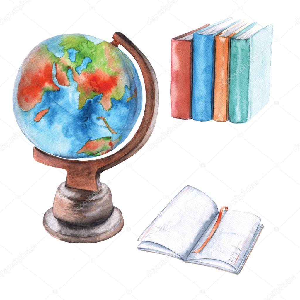Globe, notebook and textbooks. Isolated on white background.