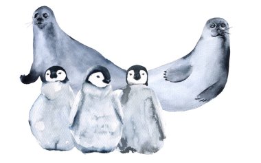 Kürk mühür ve penguenler. Beyaz arka plan üzerinde izole. 