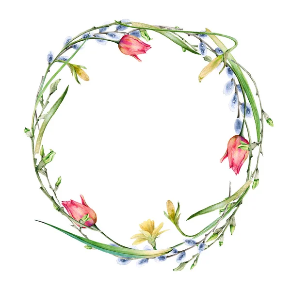 イースターの花や枝の花輪。白い背景に分離. — ストック写真