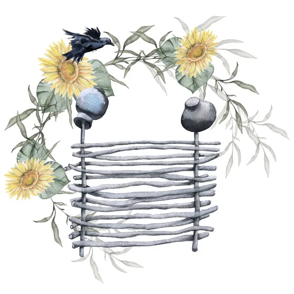 Ländlicher Zaun mit Sonnenblumen. isoliert auf weißem Hintergrund. — Stockfoto
