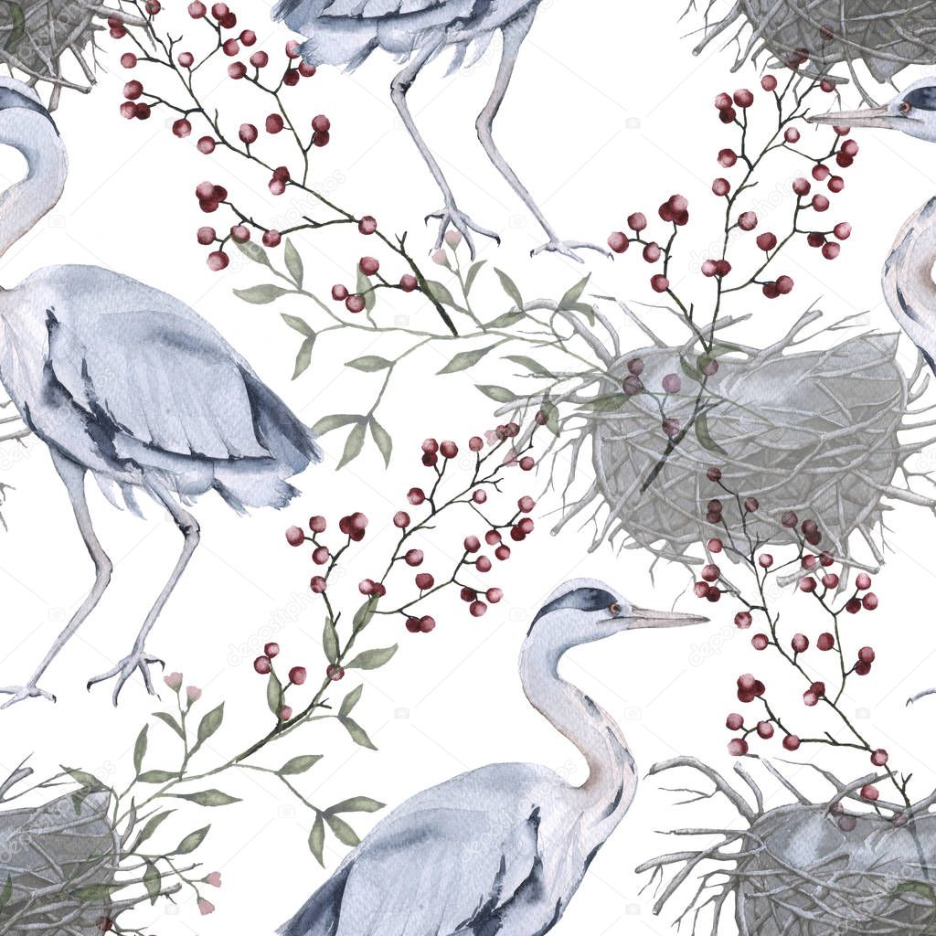 Background with gray heron. Seamless pattern.