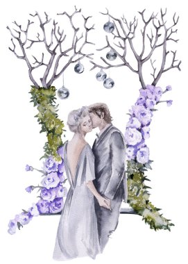 Düğün kemerin altında gelinle damat. Beyaz arka plan üzerinde izole. 