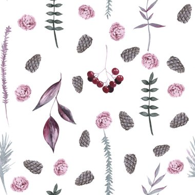 Sibirya bitkiler ve koni arka plan. Seamless modeli. 