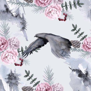 Arka plan ile bir kartal ve Sibirya tesisleri. Seamless modeli. 