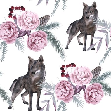 Arka plan ile bir kurt ve Sibirya tesisleri. Seamless modeli. 