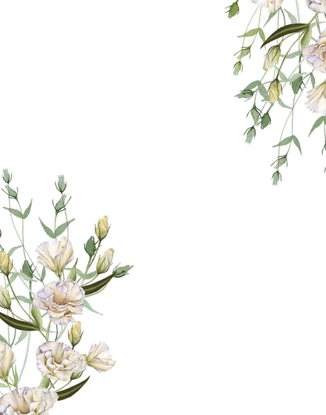 Ram av vita rosor. Eustoma. Isolerad på en vit bakgrund. — Stockfoto