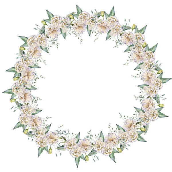 Frame of white roses. Eustoma. Isolated on a white background. — Stock Photo, Image
