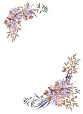 Eustoma çiçekleriyle çerçevelenmiş. Beyaz bir arkaplanda izole edilmiş.