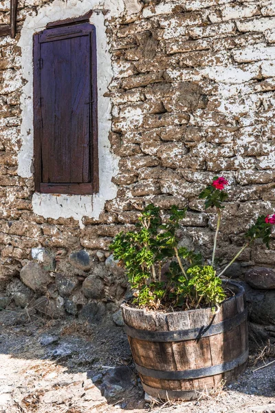 Una Bañera Flores Puerta Las Antiguas Casas Griegas Pueblo Montaña — Foto de Stock