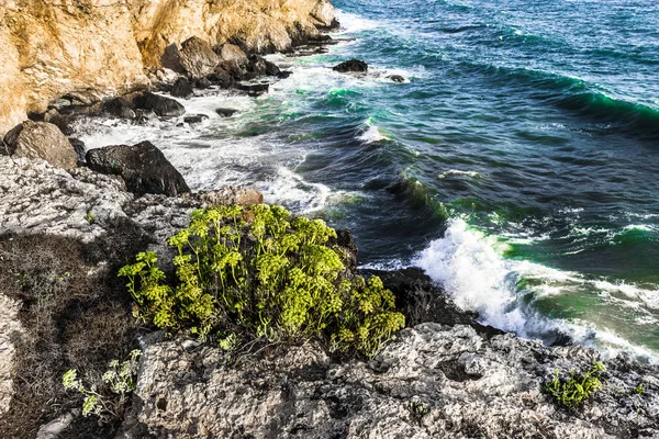 Die Wellen Des Mittelmeeres Brechen Den Felsen Steilufer Der Küste — Stockfoto