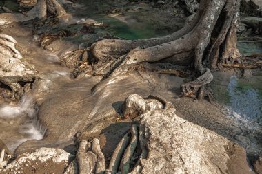 Cool streams of Erawan mountain waterfall in Kanchanaburi province in Western Thailand
