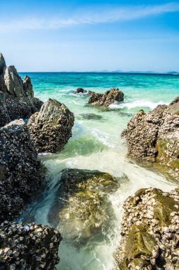 Andaman denizinin dalgaları küçük bir tropikal adada kıyı kayaları arasında tur atıyor..