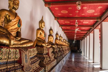 Tayland-Bangkok başkentindeki bir Budist tapınağının galerisinde uzun bir sıra yaldızlı Buda heykelleri..