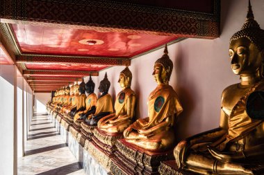 Tayland-Bangkok başkentindeki bir Budist tapınağının galerisinde uzun bir sıra yaldızlı Buda heykelleri..