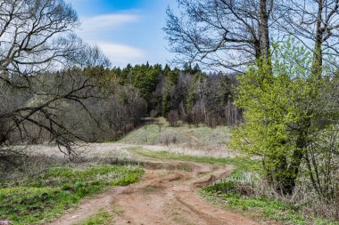 Çamurlu, dolambaçlı bir köy yolu nehir kıyısından geçer ve tepeden çıkıp küçük bir eve gider..