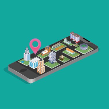 Şehir izometrik planı yol ve Binalar ile akıllı telefon. Mobil uygulama üzerinde eşleyin. 3D vektör çizim.