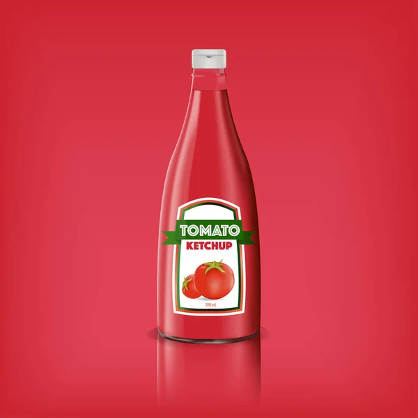 Tradycyjne Szklane Pomidory Butelka Ketchup Izolowane Czerwonym Tle Realistyczne Wektor — Wektor stockowy