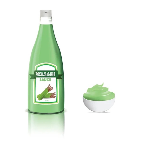 Wasabi Asya sosu. Kase, sos şişesi, kaşık, su sıçratma. Suşi için cam Japon wasabi kavanozu, 3 boyutlu gerçekçi vektör.