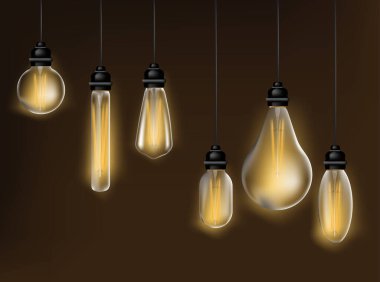 Gerçekçi ve renkli vintage parlayan ışık Ampüller şeffaf çatı stil vektör çizim dahil lambalar ile ayarla