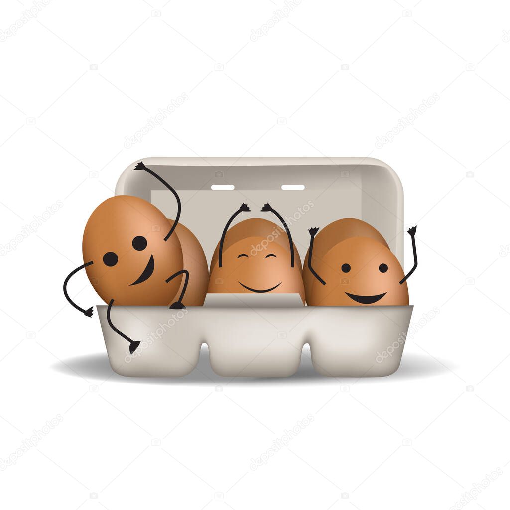 Cute egg faces. Easter eggs friends with funny face vector set, friendly caricature breakfast egg persons isolated on white background