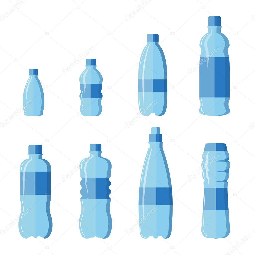 Plastic water bottle set isolated on white background. Healthy agua bottles vector illustration. Clean drink in plastic container