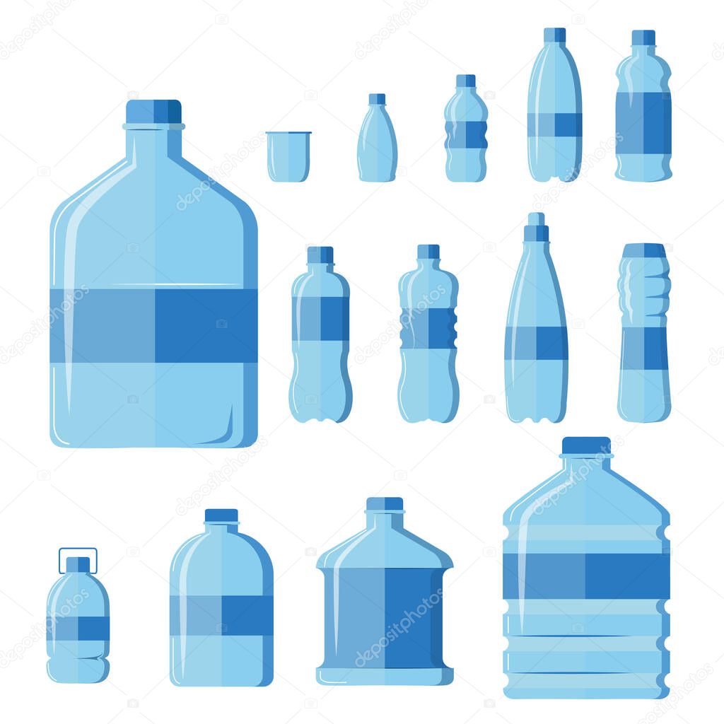 Plastic water bottle set isolated on white background. Healthy agua bottles vector illustration. Clean drink in plastic container