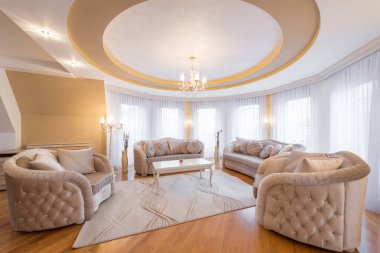 Interior of a luxury living room with round, circle, ceiling clipart