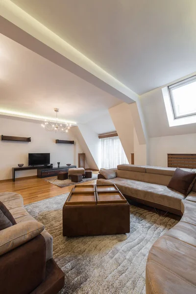 Öppen planlösning vardagsrum inredning i Lägenhet med loft — Stockfoto