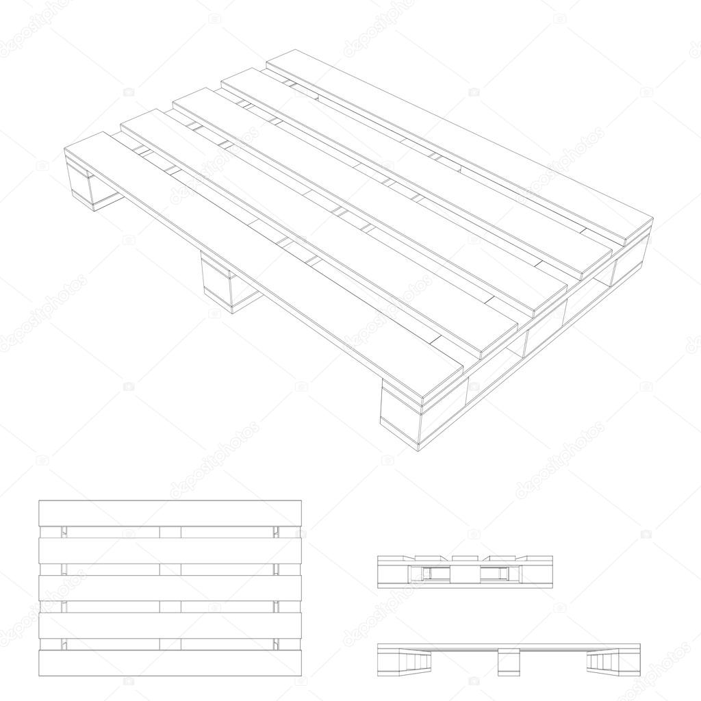 Wooden pallet. 3d Vector outline illustration.Top,front,side vie