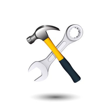 Çapraz çekiç ve anahtar. Beyaz izole. 