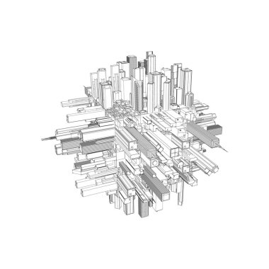 3D Şehir daire. Vektör anahat çizim.