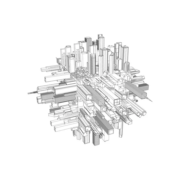 3D Şehir daire. Vektör anahat çizim.