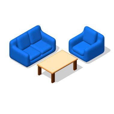 Mobilya ayarlayın. Sofa.Armchair.Table. 3d vektör çizim. Isome