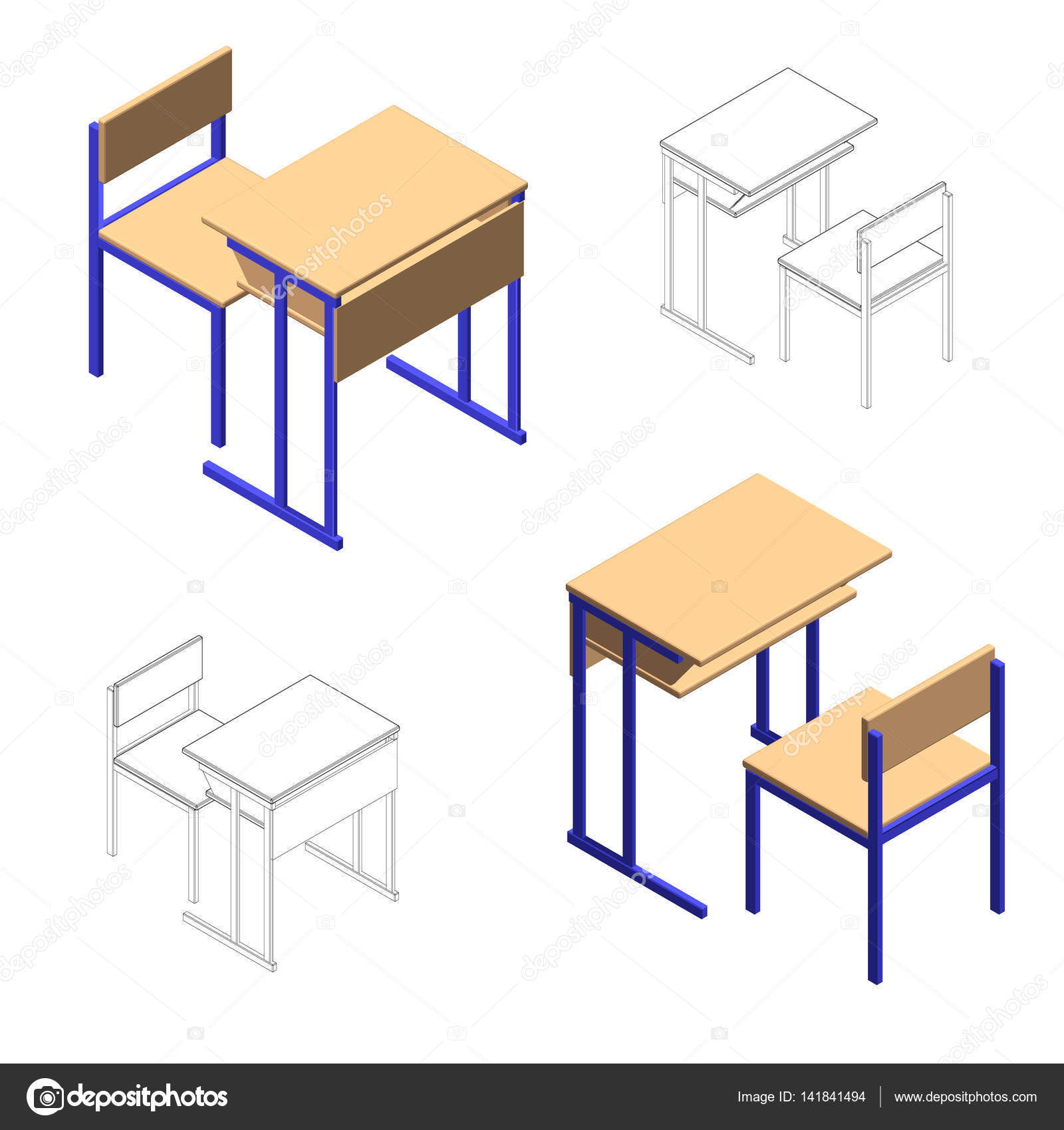 School Desk Set Vector Illustration Isolated On White Stock