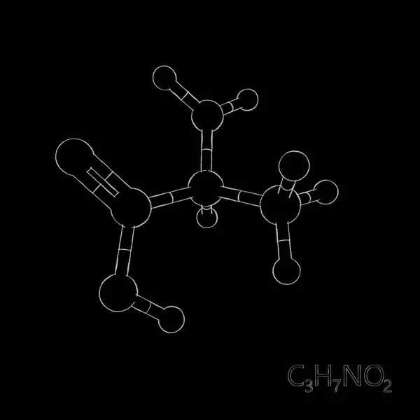 Alanine model molecule. Isolated on black background. Sketch illustration. — Stock Photo, Image