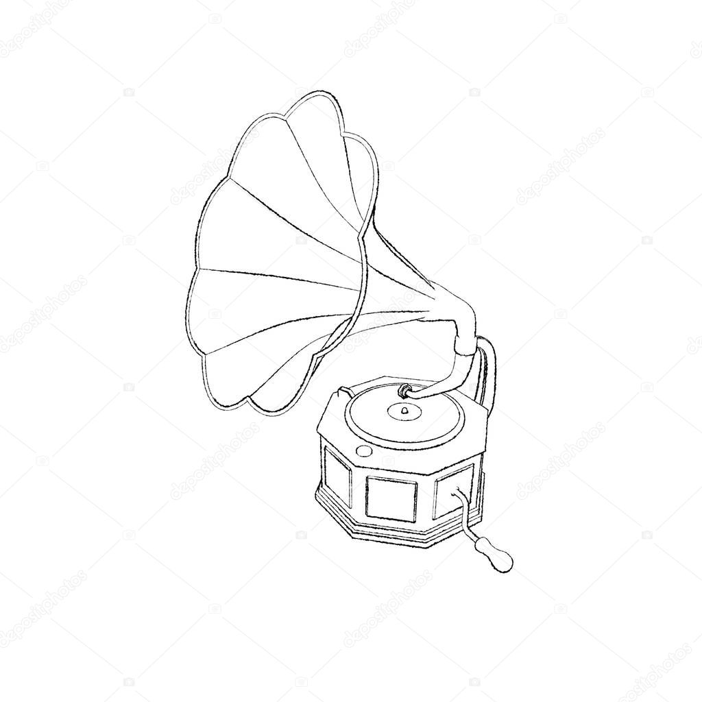 Gramophone.Isolated on white background. Sketch illustration.