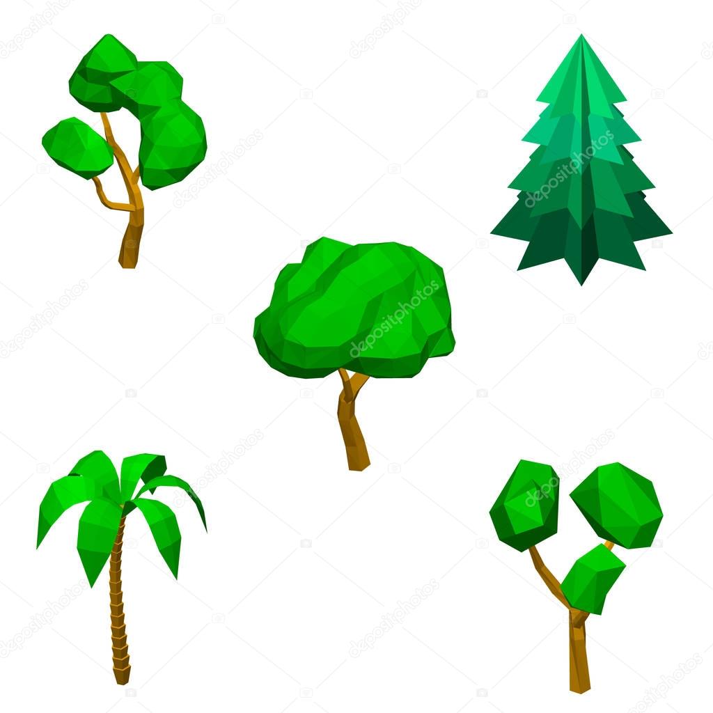 Polygonal trees set. Isolated on white background. 3d Vector ill