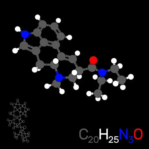 Molécule modèle LSD. Isolé sur fond noir. Illusion vectorielle — Image vectorielle