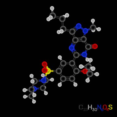 Viagra model molekül. Siyah arka plan üzerine izole. Parlaklık 