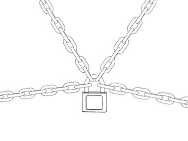 Zincirleri bağlayan asma kilit. Beyaz arka plan üzerinde izole. Ben kroki