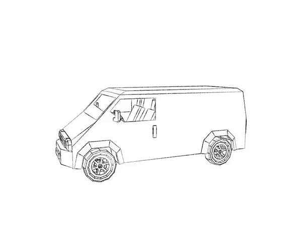 Polygonální minibus. Izolované na bílém pozadí. Náčrtek Rozmr — Stock fotografie