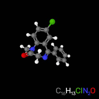 Diazepam (sakinleştirici) model molekül. Siyah arka plan üzerine izole. 