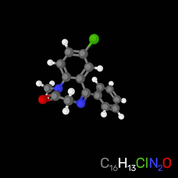 Molécule modèle de diazépam (valium). Isolé sur fond noir . — Photo