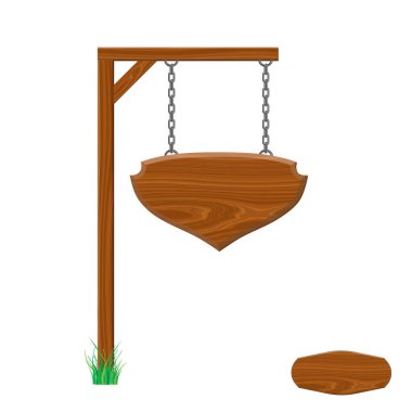 Boş ahşap tabela zinciri üzerinde asılı. Beyaz backg izole