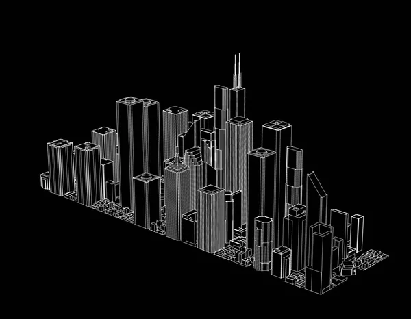 3D-model van de stad. Geïsoleerd op zwarte achtergrond. Vector schets ik — Stockvector