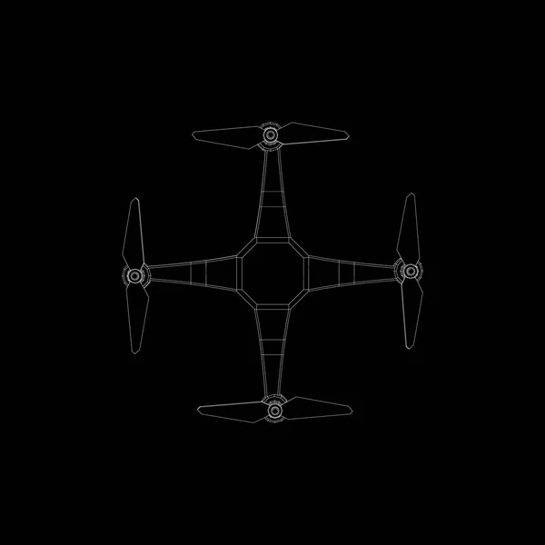 Drone met camera, Uav. Geïsoleerd op zwarte achtergrond. Vector outl — Stockvector