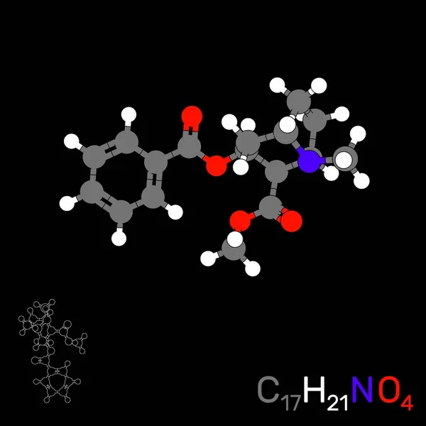 Molécula modelo cocaína. Aislado sobre fondo negro . — Archivo Imágenes Vectoriales