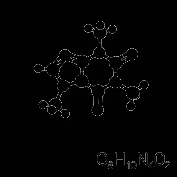 Molécula modelo cafeína. Aislado sobre fondo negro. Vector ou — Archivo Imágenes Vectoriales